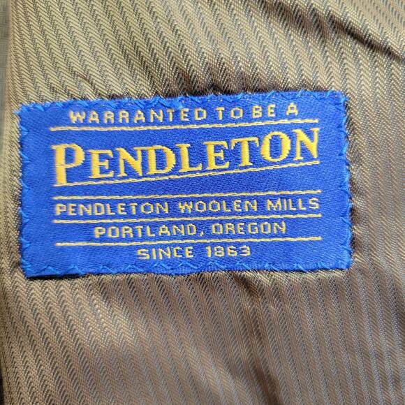 Pendleton Wool Silk Linen Blend Balzer 44R Plaid Brown Blue Tan 2 Button Vintage - Picture 2 of 7